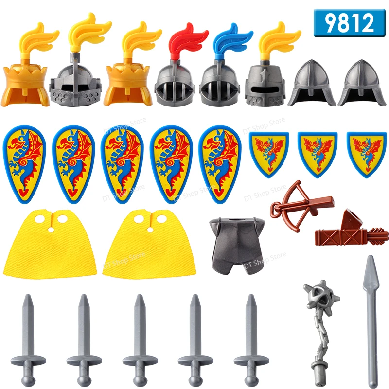 AX9809-9819 León rojo Medieval corona blanca dragón azul Reino Caballero armas iluminar bloques de construcción ladrillos rompecabezas chico para juguetes