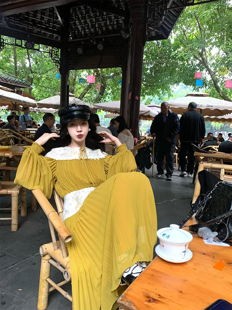 

Fiing Little Level Golden Honeysule Handmade Pleated Lace Dr Autumn Winter Design Unique Splicing Long Dr