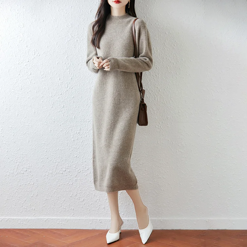 100% Wool Mock Neck Shoulder Button Solid Color Long Skirt, Women's Loose Retro Style Elegant Warm Wool Dress