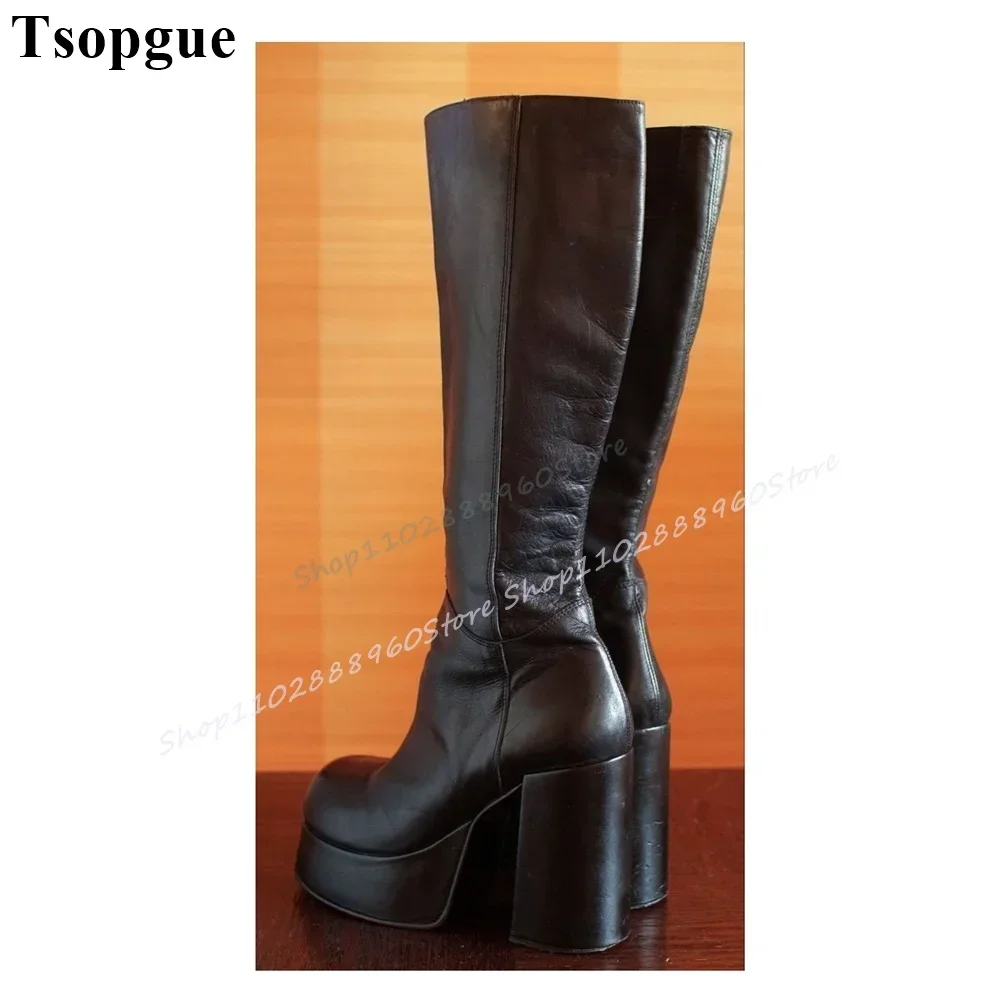 

Matte Leather Knee High Black Platform Boots Chunky High Heel Women Shoes Side Zipper Round Toe 2026 Fashion Zapatos Para Mujere