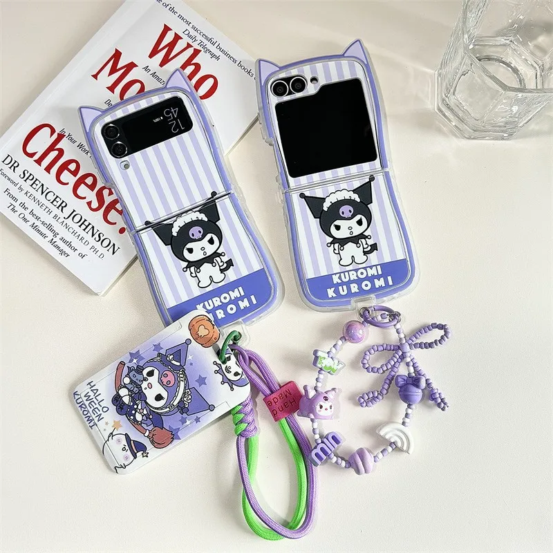 New Sanrio Kuromi Cartoon Cute Suitable for Galaxy Zflip5/6 Zflip3/4 Couple Phone Case with Hanging Rope and Cardholder