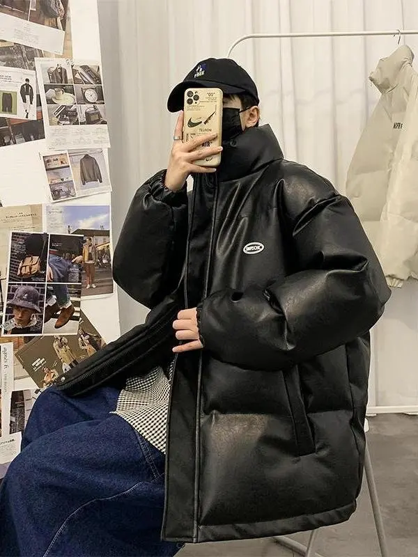 

Men's Thiened Warm ort PU Leather Bread Jaet Winter Coat Large Size down Cotton Outerwear CleanFit Sle Faion Urban