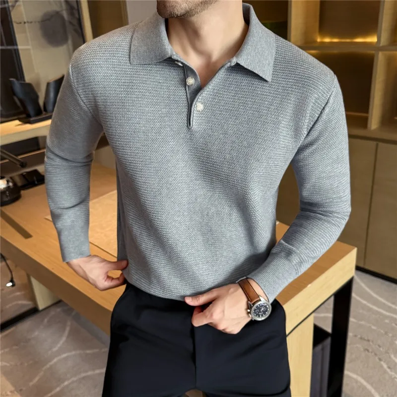 Men Knitted Pullover , Wool Sweater, 2025 Autumn Winter Solid Casual Polo Collar Sweater, High-quality and Fashion Men Clothing