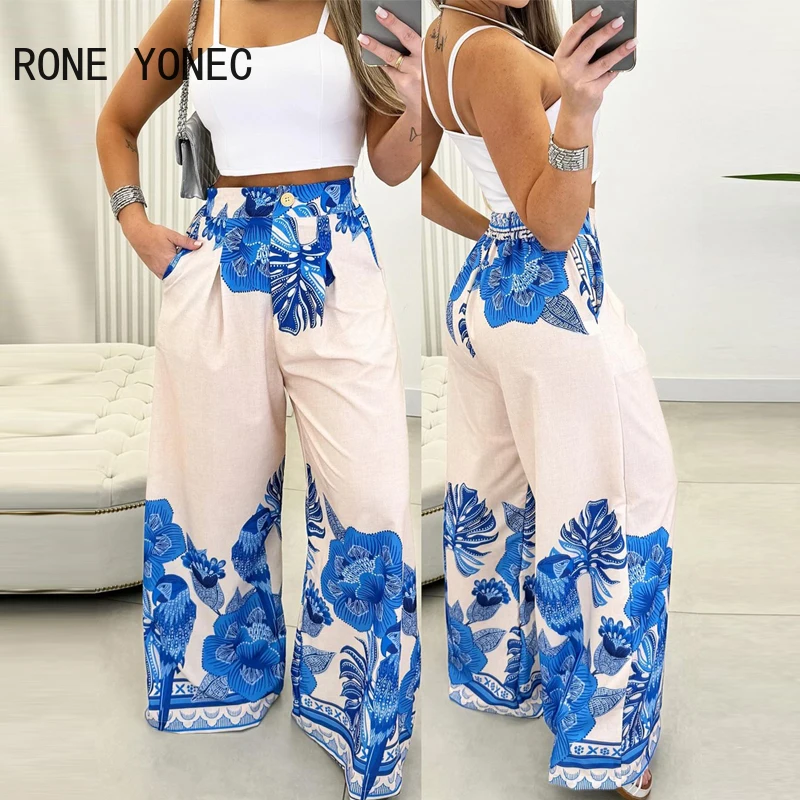 Women Chic Spaghetti Straps Solid Crop Top & Allover Print Bottoms Pants Vacation Sexy Pants Sets