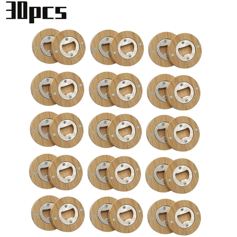 Enjoy New 30PCS DIY Bamboo Round Shape Bottle Openers Coaster Fridge Magnet Refrigerator Sticker Bar Decoration Beer Bottle Open