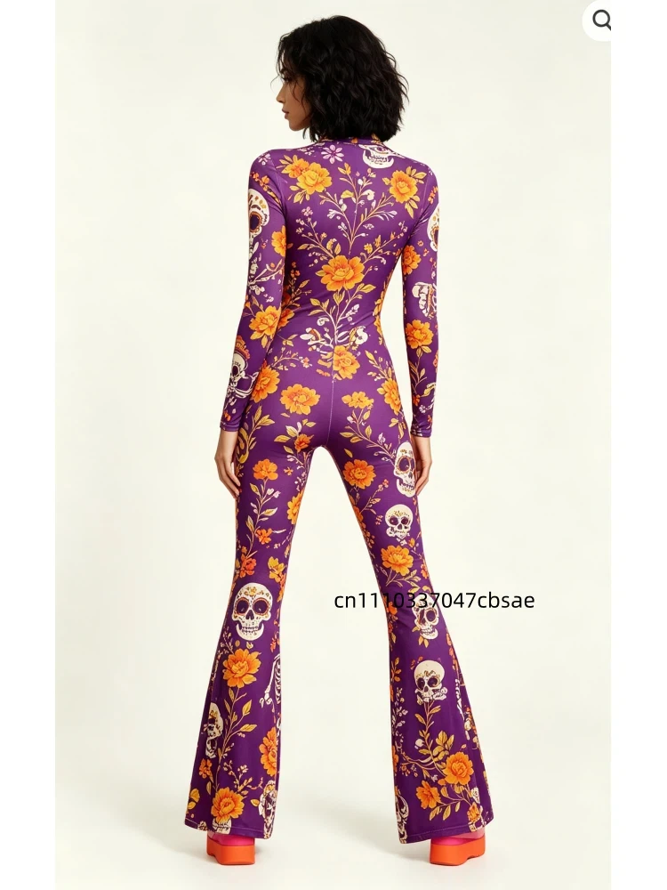 Damen Halloween Sugar Skull Bell Bottom Jumpsuit mit hohem Kragen, ausgestelltem Bein, Skelett- und Blumenmuster, Bodysuit für Day of the Dead Cosplay Festival Zentai – Detail 4