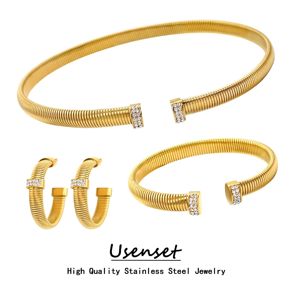 USENSET 8mm Hollow Spiral Stainless Steel Jewelry Set New Trendy Chic CZ Inlaid 18k Gold Color Accessories Waterproof