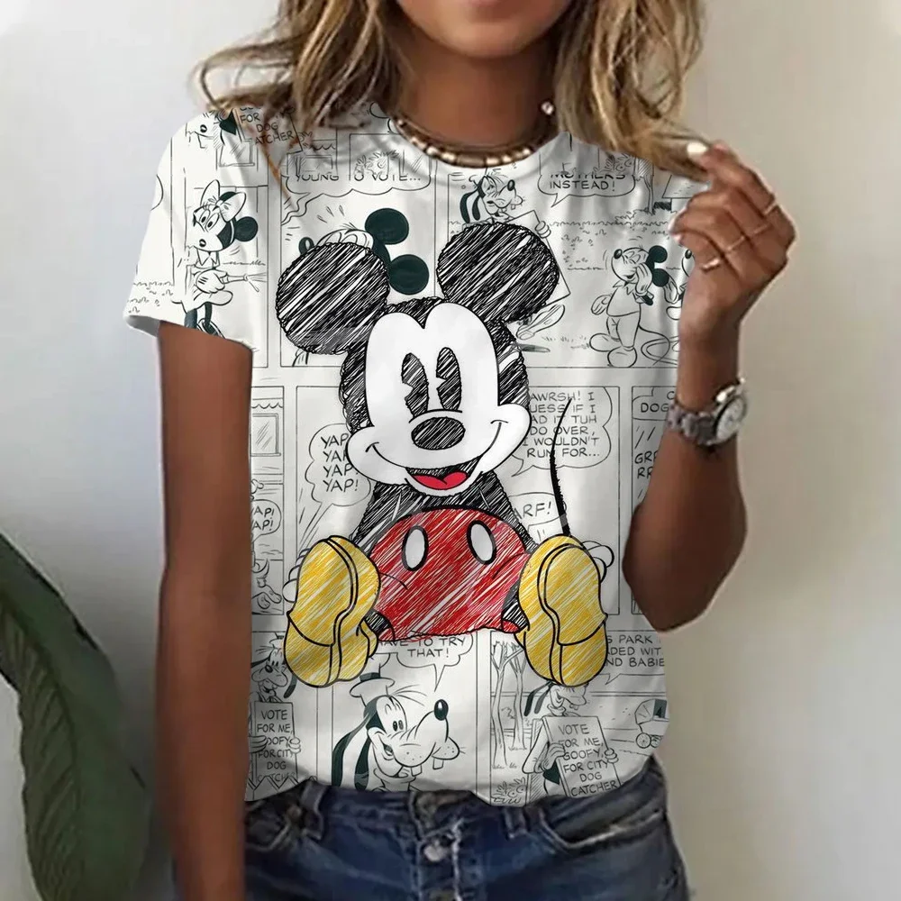 Disney Minnie Summer Short Sleeve 100-6XL Girls' T-Shirt 3-14 Kawaii Street Y2K Apparel O Neck 2024 Fashion Clothing Top