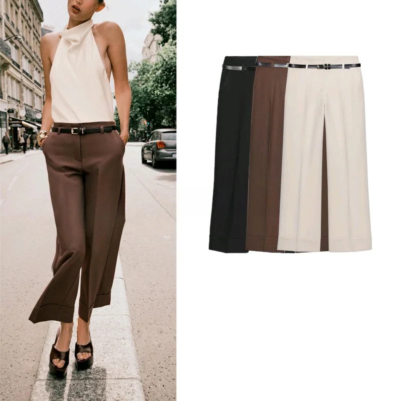

Autumn New Sle Women's Casual Pants High Waist Straight Leg Ankle-Length Cuffed with Belt Commute Faion Ladies Trousers