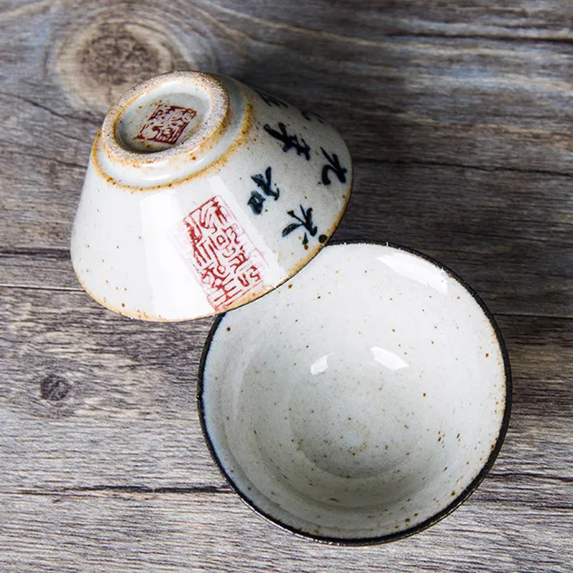 Jingdezhen Ceramic Handmade Tea Cup, Coarse Pottery Hand-Painted Bamboo Hat Kung Fu Set, Blue And White Small