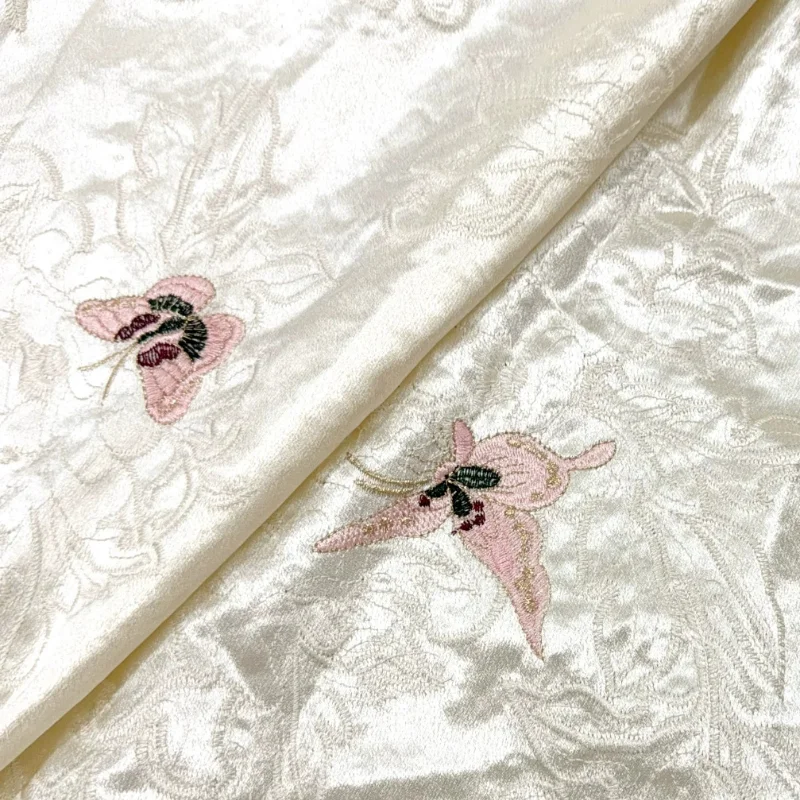 

Satin Fabric Pearlescent Beige Butterfly Floral Embroidery Chinese Style Hanfu Dress Curtains DIY Craft Material Breathable