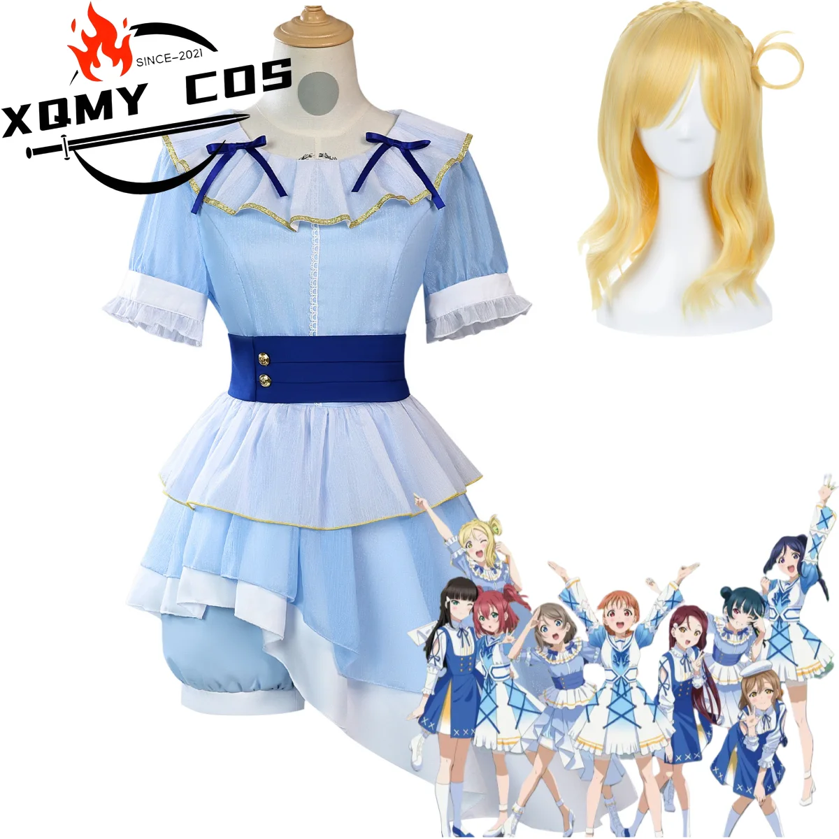 XqAnime LoveLive Aquars 100 aniversario Tsushima Yoshiko Watanabe You Ohara Mari Cosplay disfraz peluca vestido azul dulce Lolita S