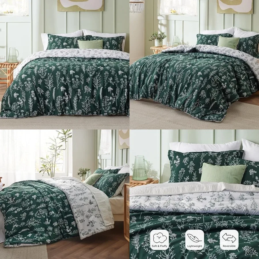 

Comforter Set - Emerald Bed Set, 3 Pieces Cute Floral Bedding, 1 Soft Reversible Botanical Flowers Comforter and 2 Pillow Shams