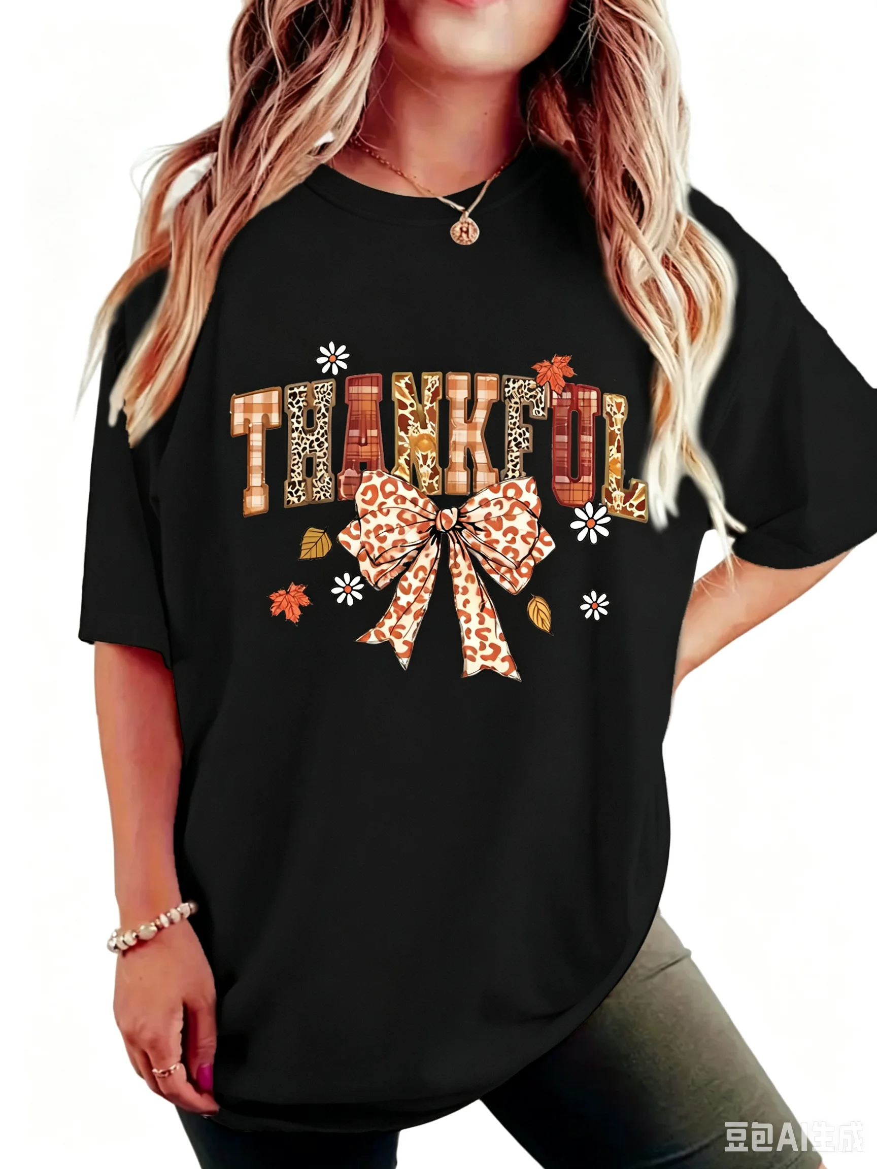 Cotton 100% Thankful Leopard Bow Maple Daisy Print Women Fall T Shirt Thanksgiving Casual Short Sleeve Tee