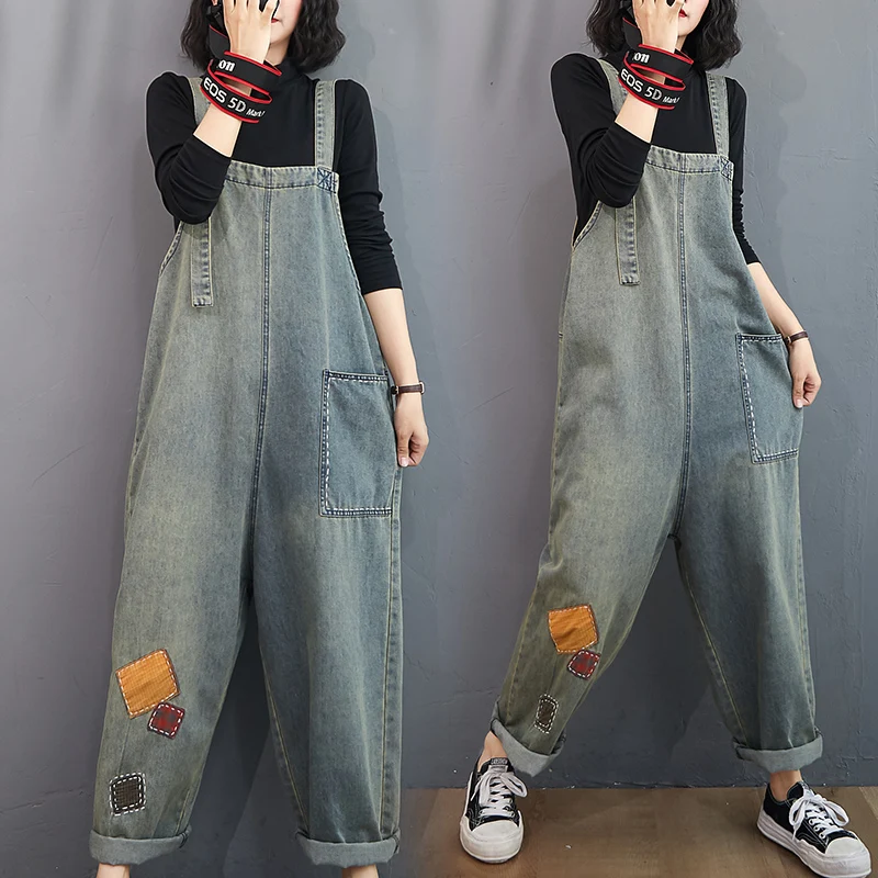 

High Waist Straight Leg Denim Overalls Women's Spring Autumn Slimming Long Pants Casual Age-Defng Patchwork Strap Dres