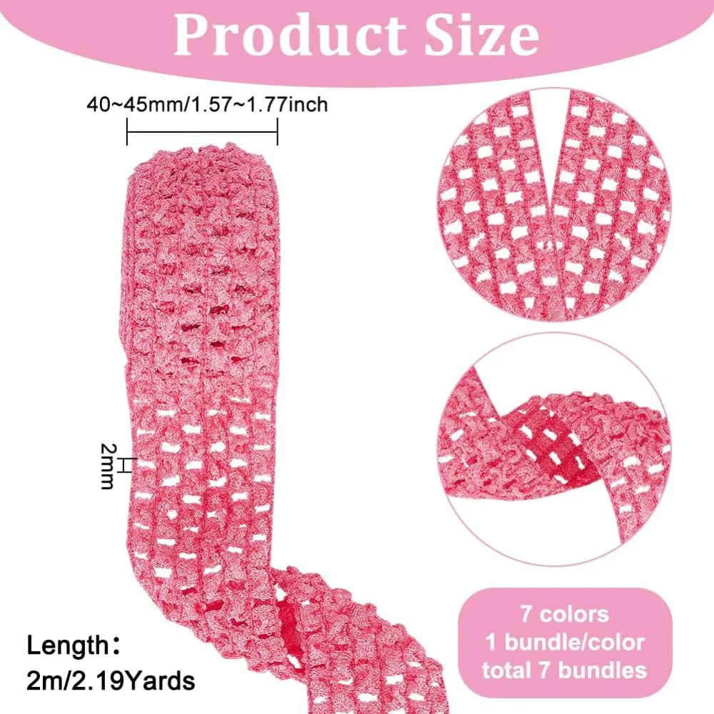 15 Yards 7 Style Elastic Crochet Headband Ribbon, 1.5inch Wide Pink Stretch Fabric Wrapping Trim for DIY Gift Wrapping Hair Bows