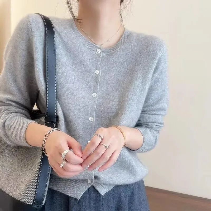 Primavera e outono novo 100% lã pura cardigan feminino em torno do pescoço elegante e elegante camisola de malha jaqueta de caxemira
