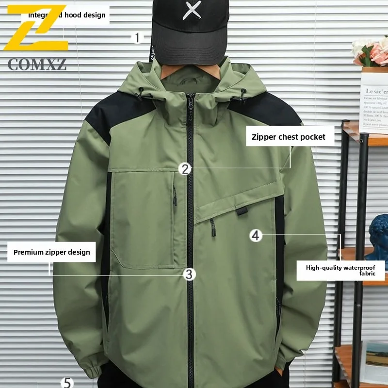 

COMXZ Мужская куртка для отдыха с воротником с капюшоном для приключений, универсальное ветрозащитное пальто, износостойкая осенняя куртка для пешего туризма и путешествий