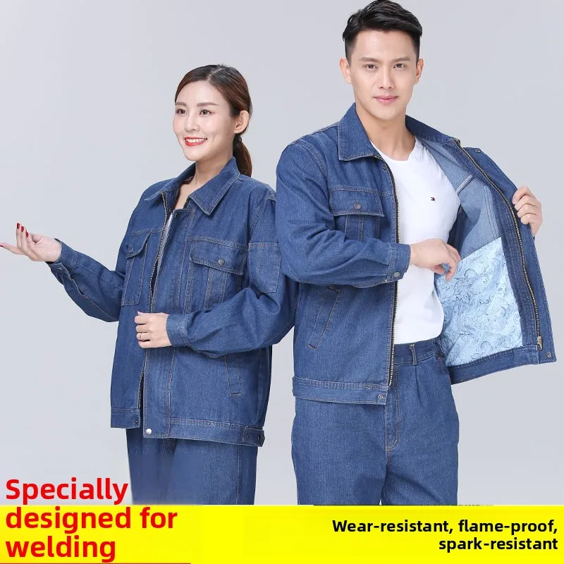 

Утепленный джинсовый рабочий костюм для мужчин на осень-зиму: комплект с длинными рукавами для сварки, защита от ожогов, спецодежда
