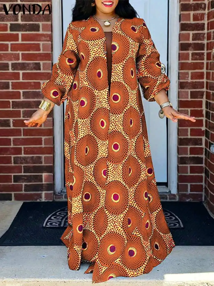 Plus Size 5XL VONDA Women Printed Dress 2024 Autumn Sundress Vintage Party Maxi Long Dress Beach Loose Robe Casual Vestidos