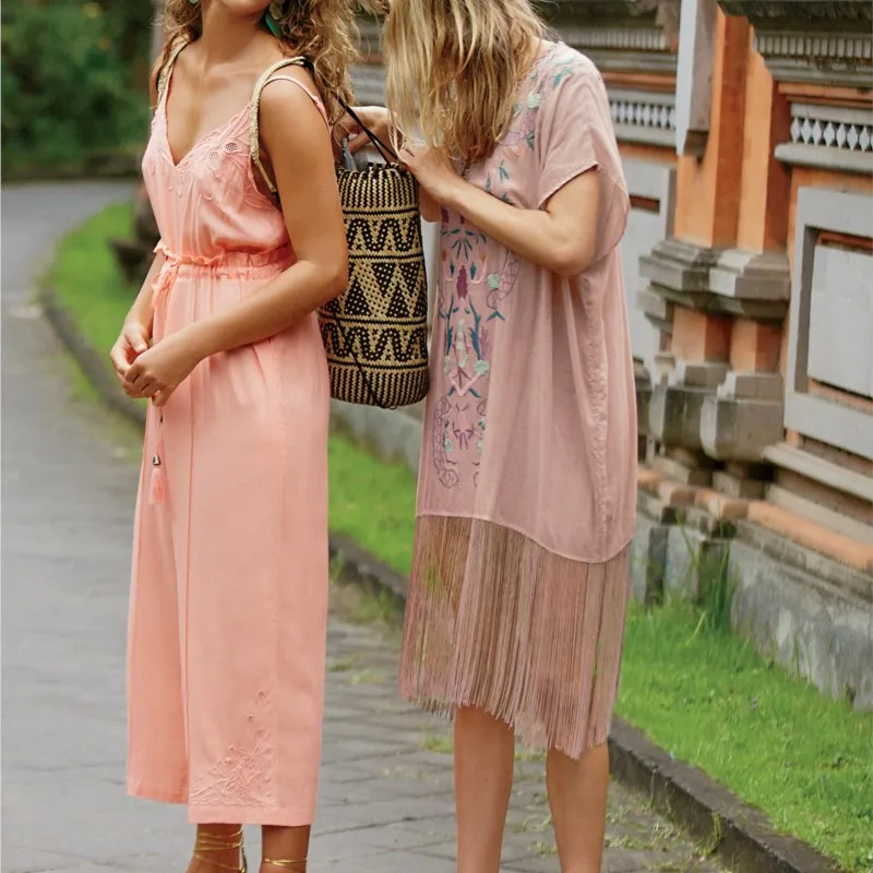 Vacanza etnico ricamato caftano vestito estivo con scollo a V manica corta abito da donna nappa orlo Boho Hippie Chic Casual abiti da spiaggia
