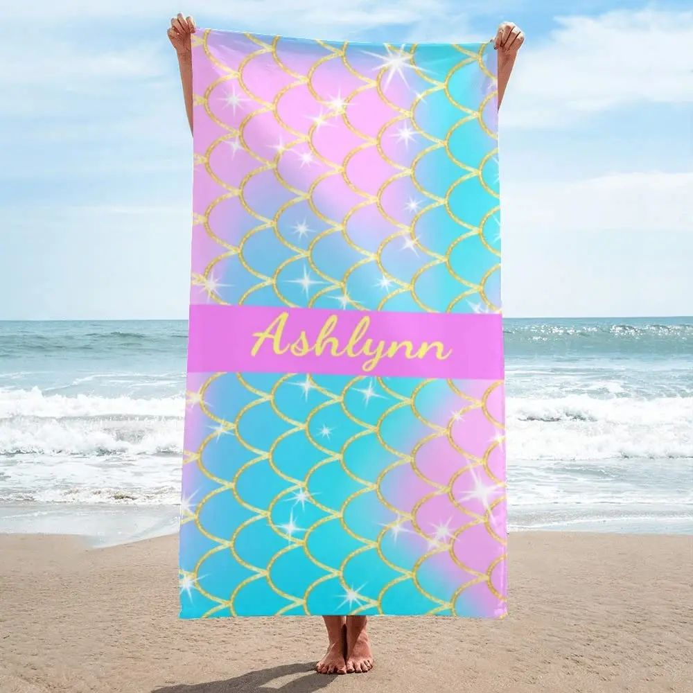 Personalized Mermaid Scales Beach Towel Custom Name Beach Towels for Kids Girls Microfiber Quick Dry Pool Swimming Bath Towels