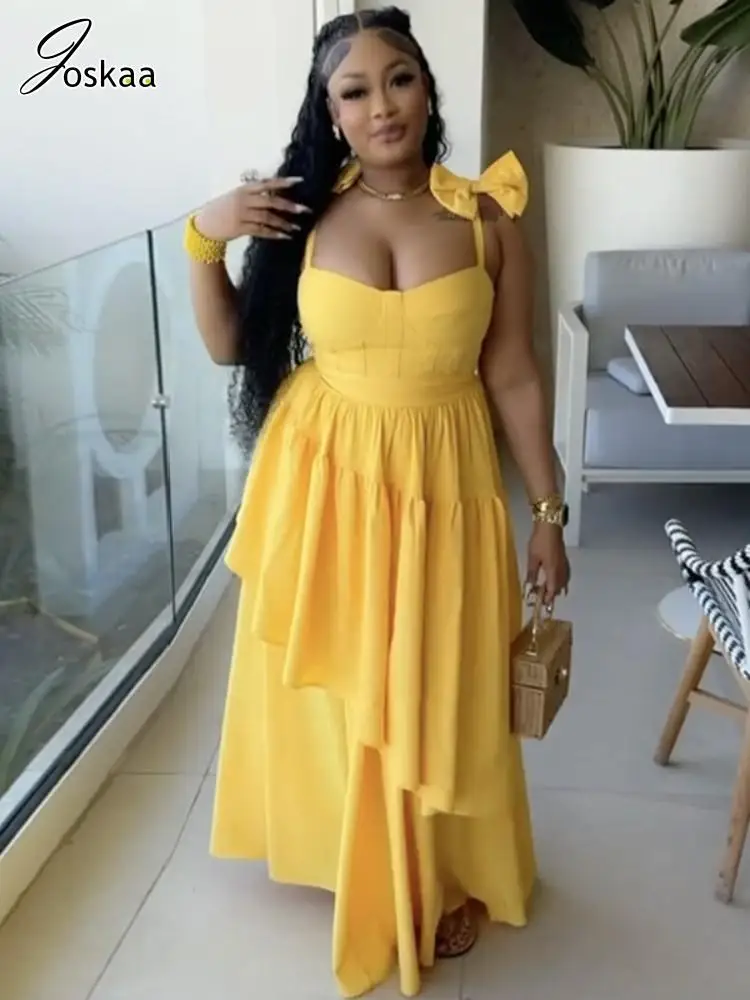 

Joskaa 2025 Summer Women's Bow Tie Dress Sexy V Neck Strappy Flounce Hem Maxi Slip Dresses Holiday Birthday Party Clubwear S-XXL