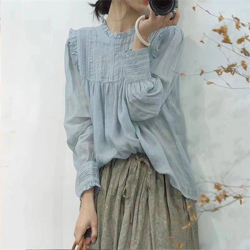 Johnature 2024 Summer New Ramie Lace Pleated Stand Collar Long Sleeve Shirt Women Autumn Summer Babydoll Thin Casual Mori Shirts