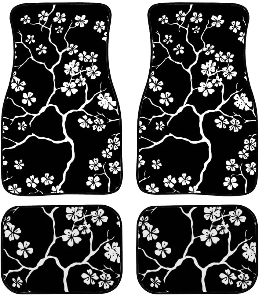 Car Floor Mats Cherry Blossoms Branches Pattern On Black Print Design Carpet Car SUV Truck Floor Mats 4 Pcs,Floor Mats