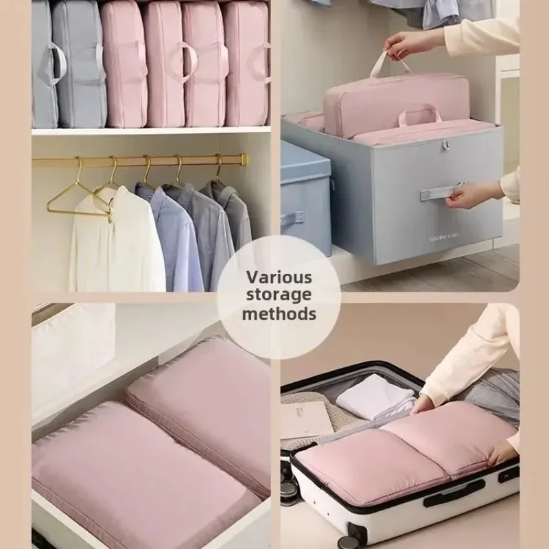 Outdoor quilt and clothing storage bag, closet organizer with self-compression, portable moving tote, easy to carry