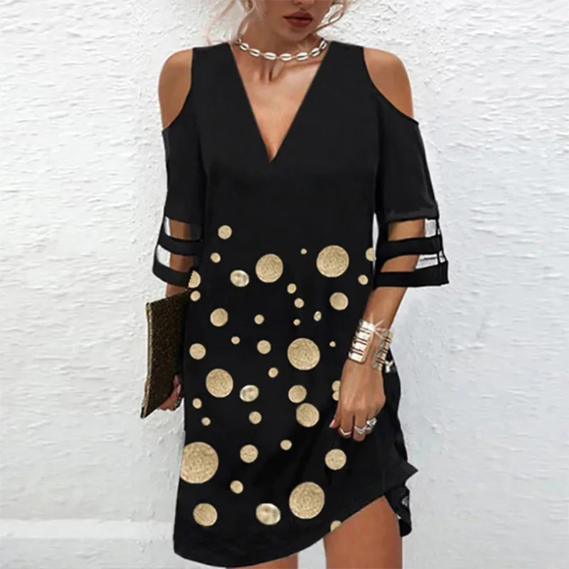 Party Black Dress Women Off the Shoulder Mid Sleeve Mini Dress Summer Hollow Printed Elegant Dress