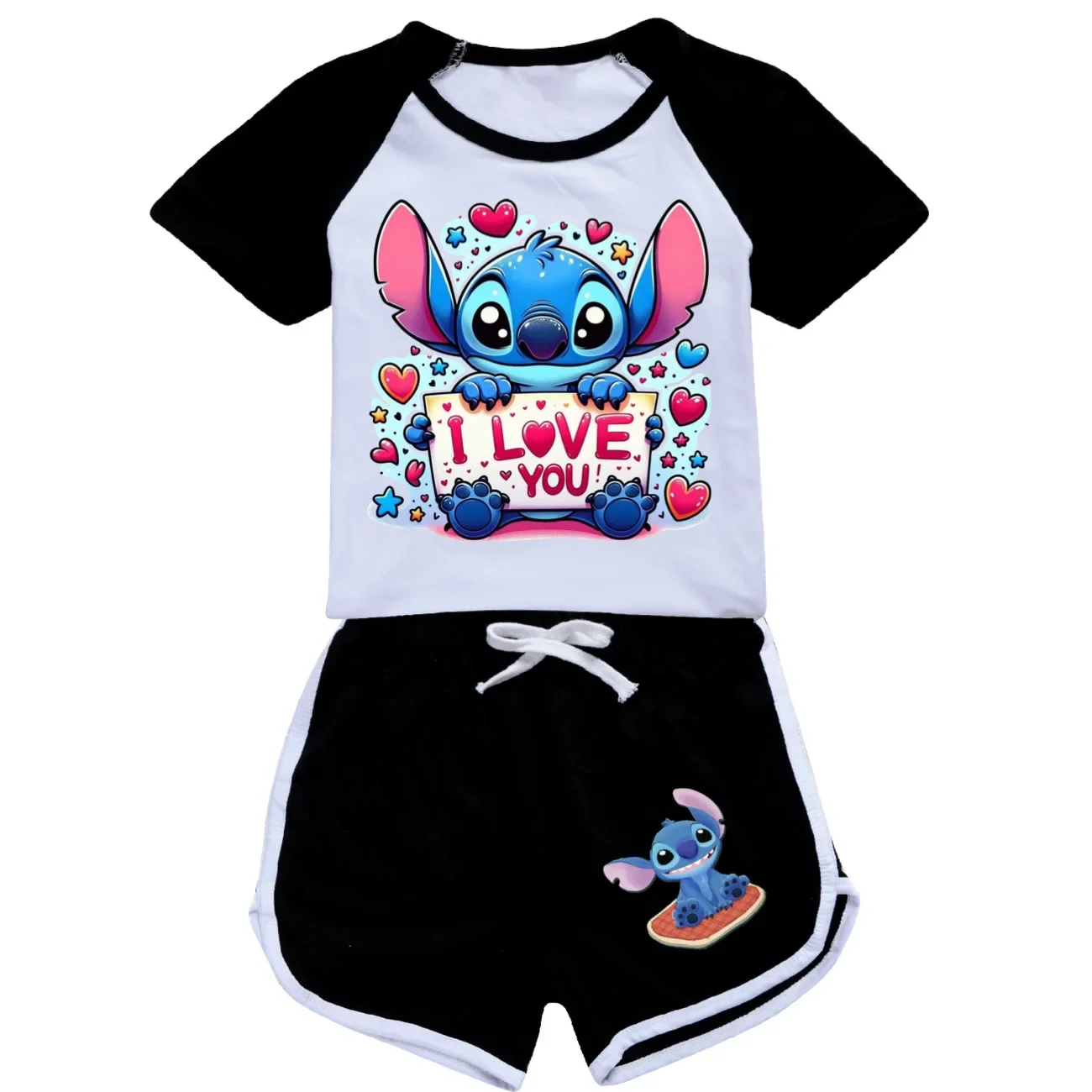 Baby Girls Clothes Set Kids Summer Short Sleeve Tshirts Pants Suit Boys Cartoon Stitch Tees Children Toddler Tops Sport Outfits