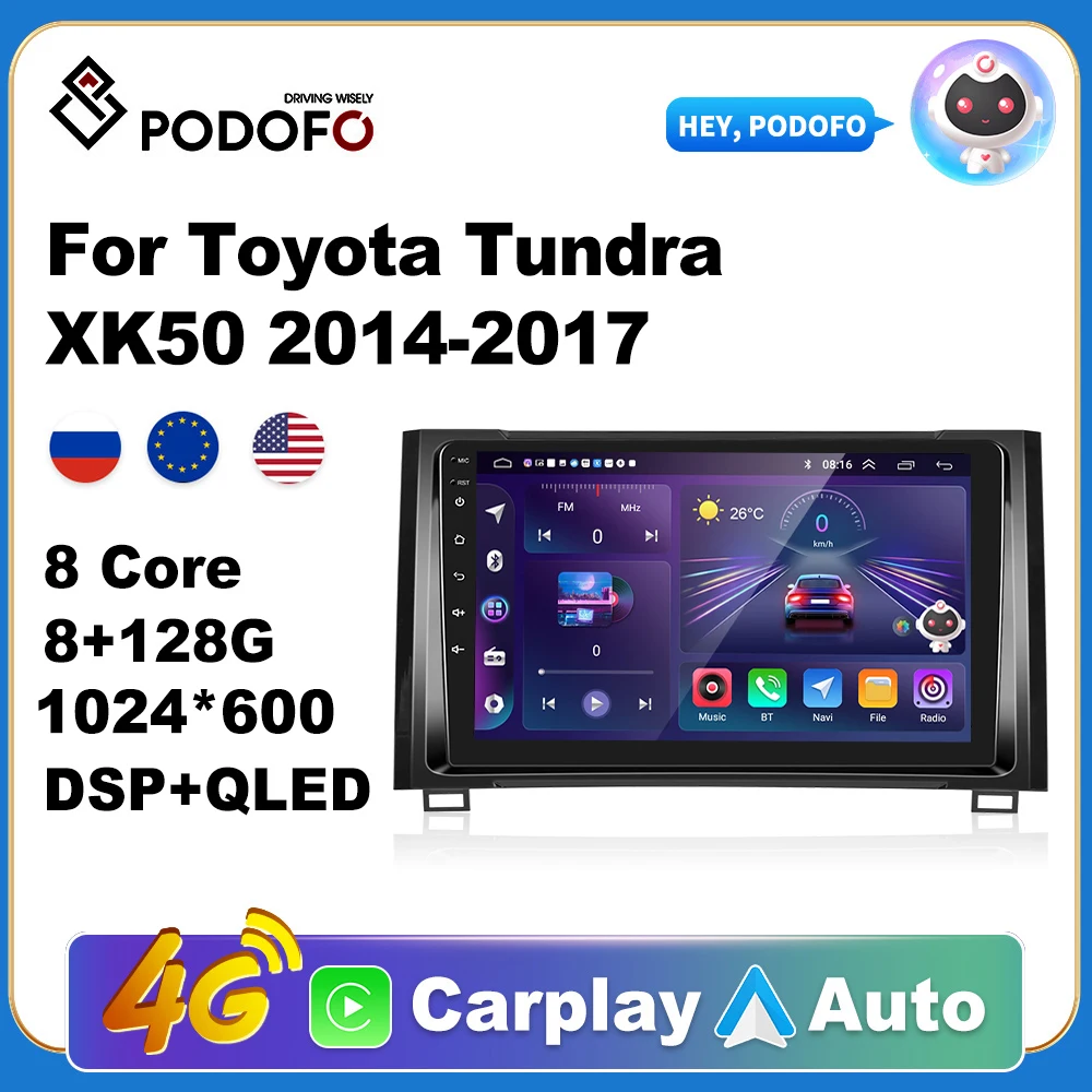 Podofo Wireless CarPlay Andorid Auto Car Radio For Toyota Tundra XK50 2014-2017 AI Voice Multimedia GPS 2din autoradio