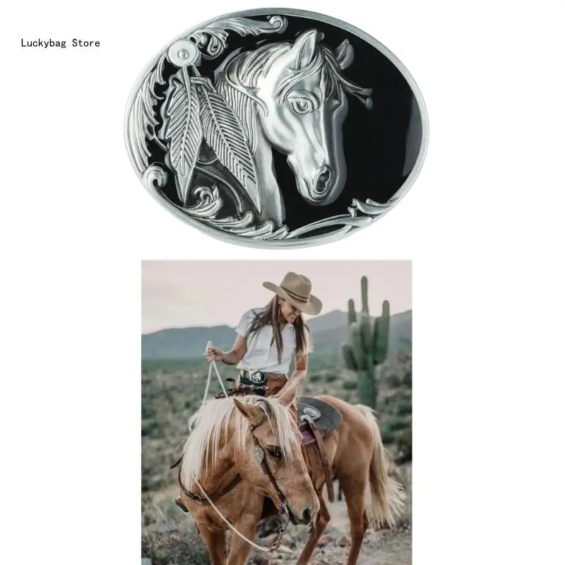 Western Engraving Belt Buckle Silver Color Horse Relief Buckle Gift for Husband