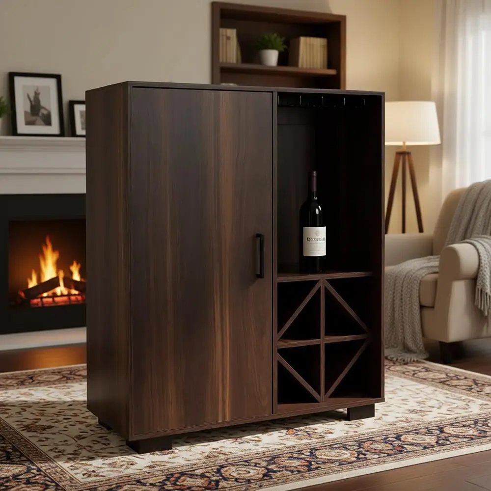 43-Inch Espresso Wine Cabinet with Glass Rack and Bottle Storage Shelves