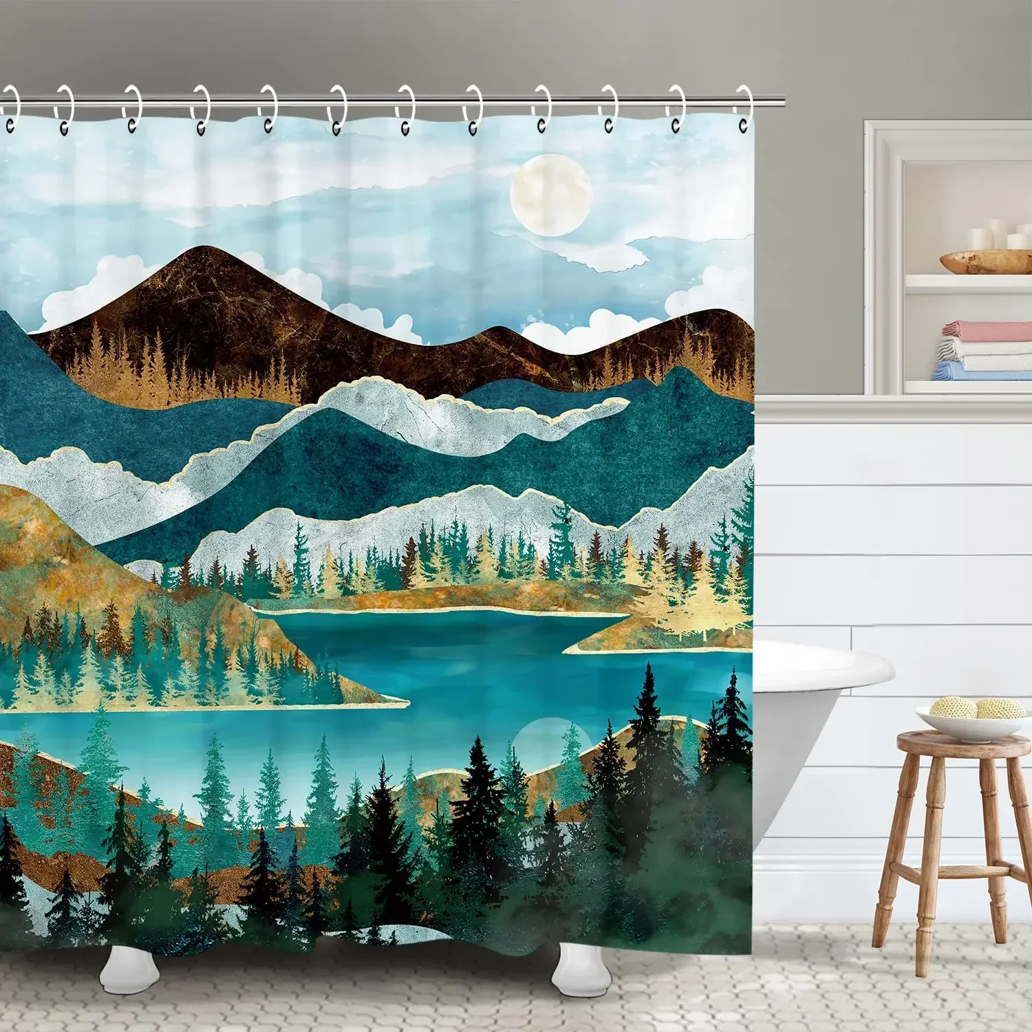 Sunset Moon Peak Shower Curtain Natural Landscape With Hook Waterproof Bathroom Curtain Fawn Bathroom Fabric Decorative Curtain