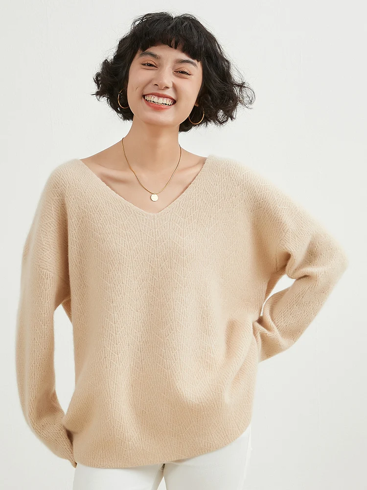 V-neck Cashmere Knitted Bottoming Shirt for Women, Thick Warm and Lazy Sweater with a Temperament PU, Autumn and Winter