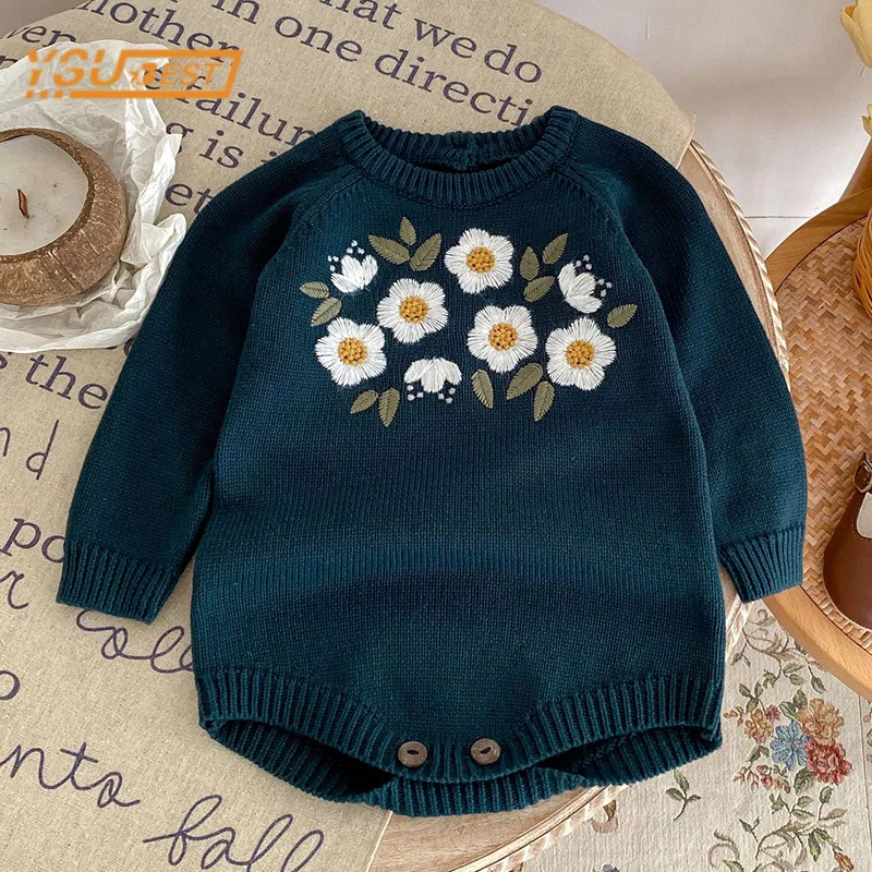 

0-3Yrs Spring Autumn New Baby Girls Romper Long Sleeves Knitted Embroidery Jumpsuit Infant Kids Baby Girls Romper Clothes