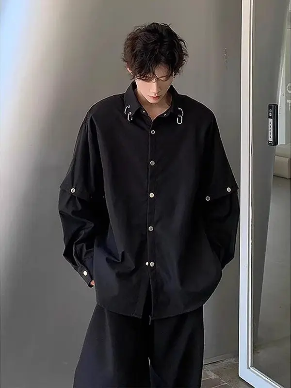 

Black Long Sleeve Shirt for Men Detachable Loose Fit High End Feeling Street Style Casual Fashion Polyester Fiber Spring Season