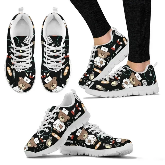 

Shoes 2021Autumn Flats Shoes Woman Cute Cartoon Nurse Bear Print Female Lace Up Sneakers Gradient Nursing Lady Footwear