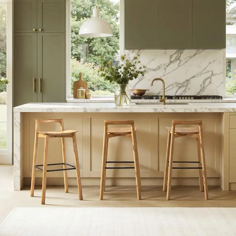 مقعد مرتفع حديث وبسيط منخفض الظهر، خشب رماد أشقر طبيعي، ارتفاع 30 بوصة