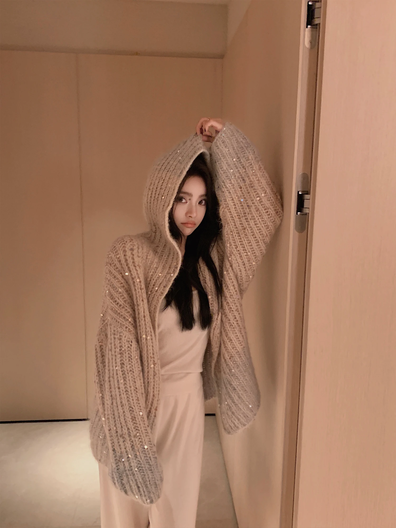 

Lilylikes BC adient Color Sweater Multi-Color Bead Woolen Cardigan Hooded Knitwear Casual Sle Regular Length Women's Faion