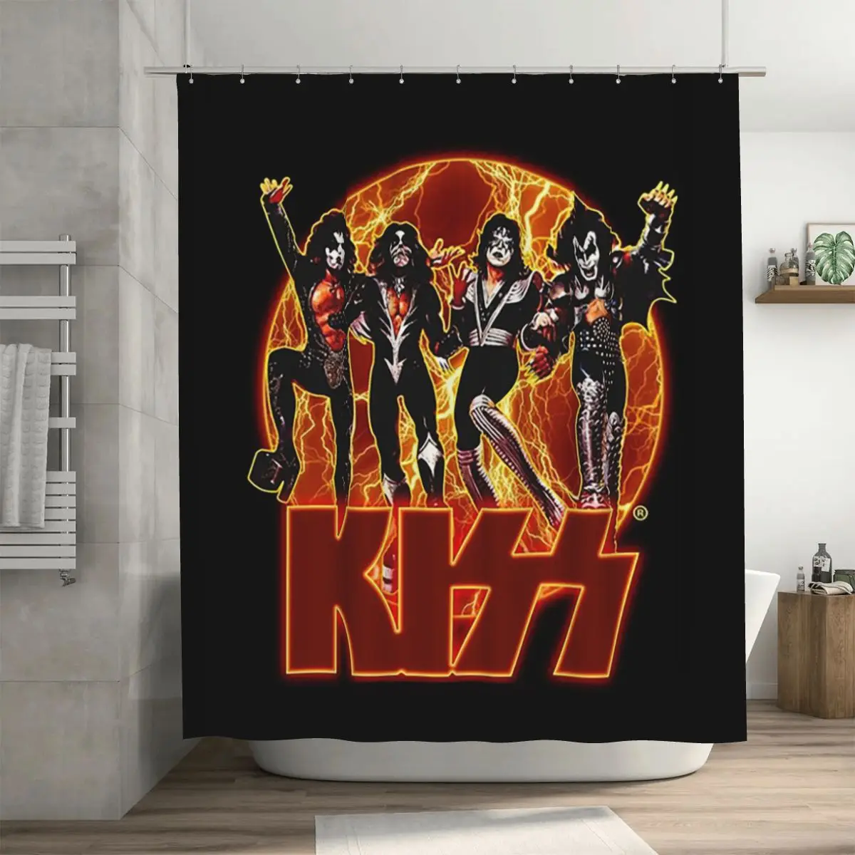 

Занавеска для душа с изображением участников группы KISS: Демон, Спейсмен, Старчайлд, Кэтмен. Полиэстеровая водонепроницаемая занавеска для ванной с крючками.
