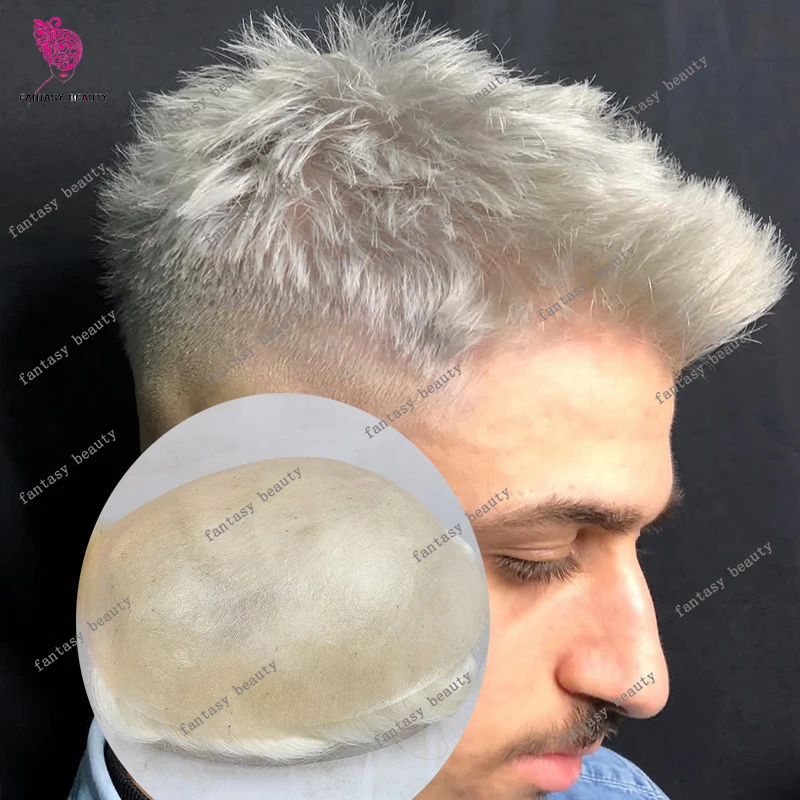 

# Мужской парик-накладка из натуральных человеческих волос, 60R блонд, 80% плотность, тонкая полиуретановая основа 0.02 мм, для замещения седины, оттенки 1B80, 1B65, с имитацией линии роста волос