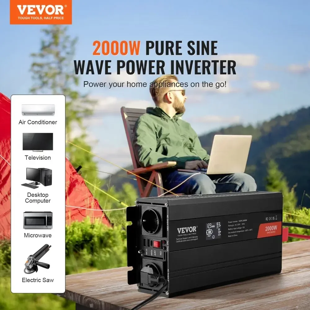 VEVOR Pure Sine Wave Inverter    DC 12V to AC 230V Power Inverter with 2 AC Outlets 2 USB Port 1 Type-C Port  Remote Control