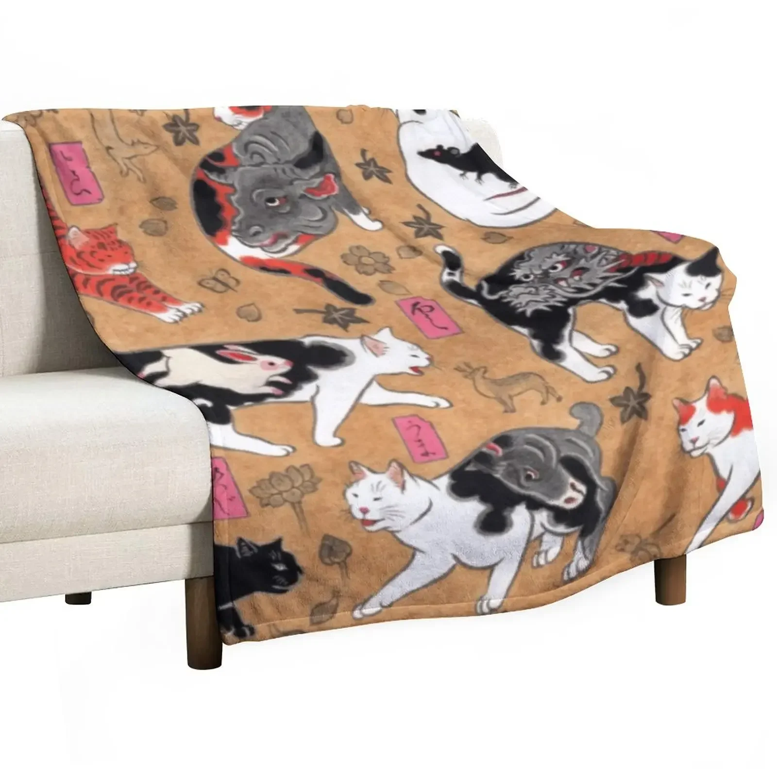 

Antique Japanese Woodblock Print Cats with Tattoos ~ Cat Tattoo Flash Throw Blanket Bed Comforter Soft Blankets