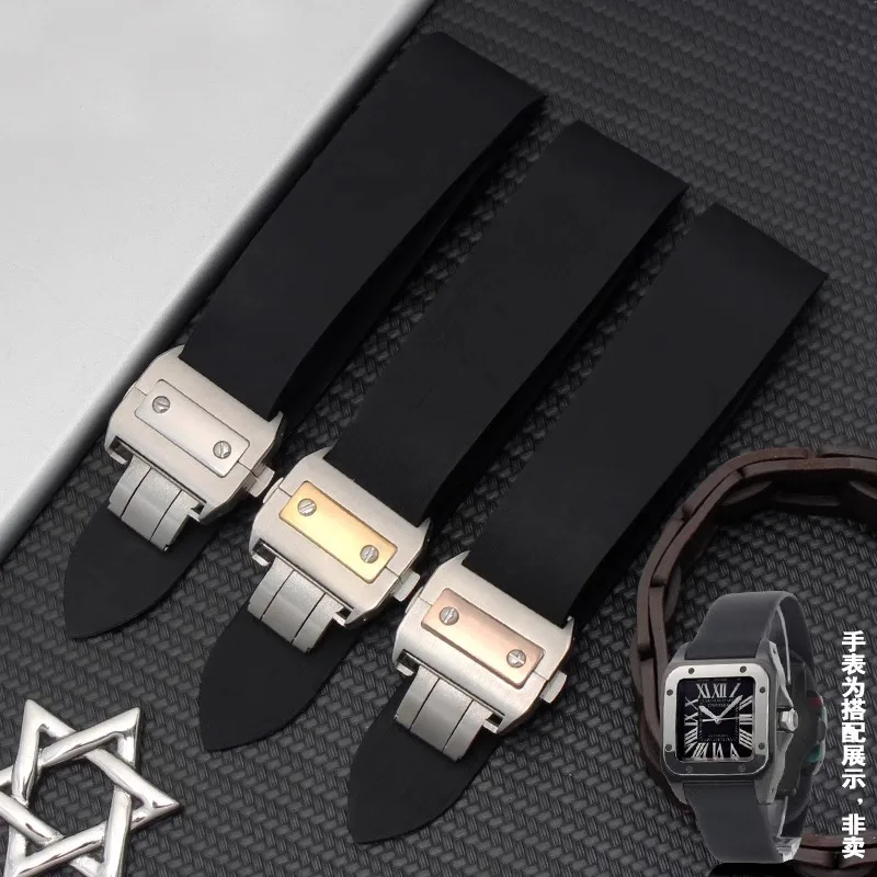For Cartier Santos 100 W2020007 Waterproof Rubber Watch strap 25mm black soft Silicone Stainless steel watch buckle Watchband