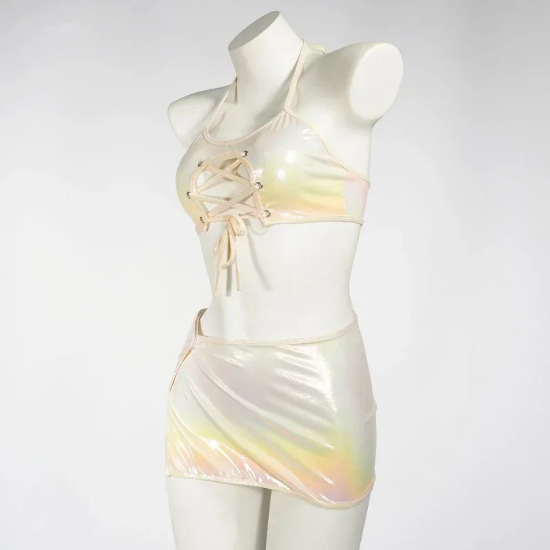 Sexy Open Chest Hollow Bandage Swimsuit Women Laser Two Piece Set Halter Swimwear Anime Cosplay Bikini Maid Nightdress MN5