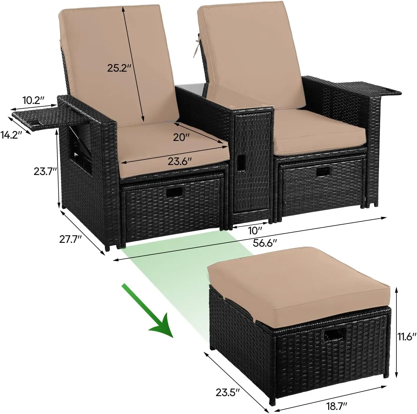 Outdoor Rattan Sofa Set with Cushion - Adjustable Lounge Chair with Ottoman Footrest, Wicker Furniture for Garden