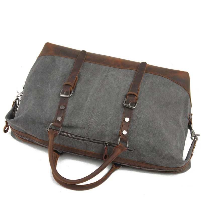 Vintage Extra-Large Capacity Men's Travel Bag, Popular in Europe and America, Canvas Luggage Bag with Top-Layer Cowhide Crossbod view 3